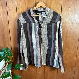 Vintage White Stag Woodland Toupy Stripe Blouse Boho Patchwork Tie Neck Hippie